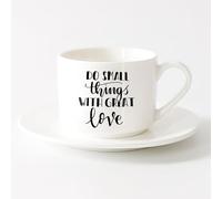 LAYEHDF Ceramic Coffee Cup Quote Do Small Things with Great Love Phrase Home Idea （6oz/175ml） for Office, Home，Sets Tea Cup with Saucers (White)