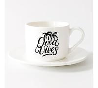LAYEHDF Ceramic Coffee Mug Inspiring Phrase Good Vibes Positive Home （6oz/175ml） Great for Home, Office, Cafes, Gift Ideas，Sets Tea Cup with Saucers (White)