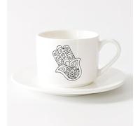 LAYEHDF Ceramic Cup for Coffee Tea Cocoa Hamsa Amulet Talisman ation （6oz/175ml） Great for Home, Office, Cafes, Gift Ideas，Sets Tea Cup with Saucers (White)