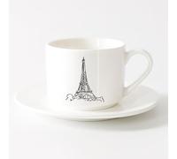 LAYEHDF Ceramic Drinkware for Home Eiffel Tower Paris France Champs Elysees （6oz/175ml） Dishwasher and Microwave Safe，Sets Tea Cup with Saucers (White)