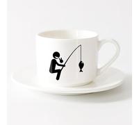 LAYEHDF Ceramic Mug Cup Cheerful Happy Fisherman Be Caught a Fish （6oz/175ml） Humorous Gift for Coffee Lovers, Work Besties, Coworkers & Friends，Sets Tea Cup with Saucers (White)