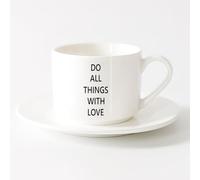 LAYEHDF Ceramic Tea Cup Motivation Quote Words do All Things with Love Inspiring Letters in （6oz/175ml） Dishwasher Safe，Sets Tea Cup with Saucers (White)