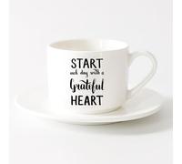 LAYEHDF Ceramic Tea Cup Quote Words Start Each Day with Grateful Heart （6oz/175ml） Ceramic Coffee Mug for Cappuccino Tea, Milk,，Sets Tea Cup with Saucers (White)