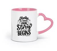 LAYEHDF Ceramics Ceramic Cups with Handles Home is Our Begin Store Inspiring Quote （11oz/320ml） Great for Home, Office, Cafes, Gift Ideas Pink
