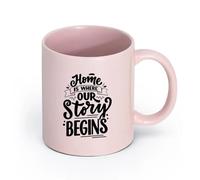 LAYEHDF Ceramics Ceramic Cups with Handles Home is Our Begin Store Inspiring Quote （11oz/320ml） Great for Home, Office, Cafes, Gift Ideas Pink