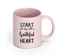 LAYEHDF Ceramics Ceramic Tea Cup Quote Words Start Each Day with Grateful Heart （11oz/320ml） Ceramic Coffee Mug for Cappuccino Tea, Milk, Pink