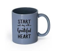 LAYEHDF Ceramics Ceramic Tea Cup Quote Words Start Each Day with Grateful Heart （11oz/320ml） Ceramic Coffee Mug for Cappuccino Tea, Milk, Blue-Gray