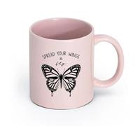 LAYEHDF Ceramics Coffee Cup Phrase Lettering Spread Your Wings Fly Butterflies （11oz/320ml） Dishwasher Microwave Safe,for Office and Home Pink