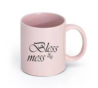 LAYEHDF Ceramics Coffee Cups with Handle Bless This Mess Quote Words Funny （11oz/320ml） Coffee, Tea, Latte, Milk, Cocoa, Juice and Other Hot Drinks Pink