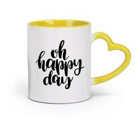 LAYEHDF Ceramics Coffee Cups with Handle Lettering Quote Oh Happy Day Idea （11oz/320ml） Ceramic Coffee Mug for Cappuccino Tea, Milk, Yellow