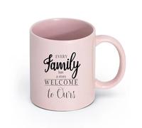 LAYEHDF Ceramics Coffee Cups with Handle Words Family Has Story Welcome Lettering （11oz/320ml） Ceramic Coffee Mugs for Home or Work Pink
