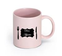 LAYEHDF Ceramics Coffee Milk Tea Ceramic Mugs Bon Appetite Quote Logo Fork Knife （11oz/320ml） Dishwasher Microwave Safe,for Office and Home Pink