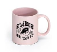 LAYEHDF Ceramics Coffee Milk Tea Ceramic Mugs Logo Grilling Barbecue Beef Steak House （11oz/320ml） for Hot Beverages, Latte, Cappuccino Pink