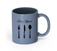 LAYEHDF Ceramics Coffee Mug Kitchen Bon Appetite Quote Cutlery Fork Knife （11oz/320ml） Coffee, Tea, Latte, Milk, Cocoa, Juice and Other Hot Drinks Blue-Gray
