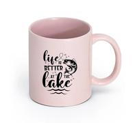 LAYEHDF Ceramics Coffee Mug, Life is Better At The Lake Fisher Phrase Words （11oz/320ml） Coffee, Tea, Latte, Milk, Cocoa, Juice and Other Hot Drinks Pink