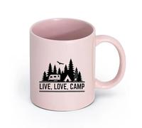 LAYEHDF Ceramics Coffee Mug, Live Love Camp Words Mountain Natural Camping （11oz/320ml） Coffee, Tea, Latte, Milk, Cocoa, Juice and Other Hot Drinks Pink