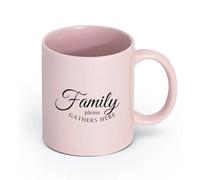 LAYEHDF Ceramics Coffee Mug with Handle - Classic Ceramic Lettering Family Gather Here （11oz/320ml） Ideal for Home & Office Use Pink