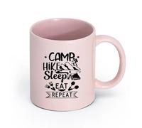 LAYEHDF Ceramics Cool Tea and Coffee Mug Camp Hike Sleep Eat Repeat Camping Words （11oz/320ml） Ceramic Coffee Mug for Cappuccino Tea, Milk, Pink