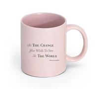 LAYEHDF Ceramics Cups with Comfortable Handle Gandhi Motivation Phrase World Change （11oz/320ml） for Coffee Oatmeal Tea Easy to Clean Pink