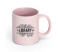 LAYEHDF Ceramics Cups with Comfortable Handle Library Words Cloud Reading Reader School （11oz/320ml） Dishwasher and Microwave Safe Pink