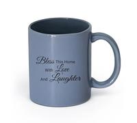 LAYEHDF Ceramics Cups with Comfortable Handle Love Bless Home Laughter Inspiring Quote （11oz/320ml） for Coffee Oatmeal Tea Easy to Clean Blue-Gray