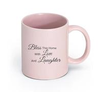 LAYEHDF Ceramics Cups with Comfortable Handle Love Bless Home Laughter Inspiring Quote （11oz/320ml） for Coffee Oatmeal Tea Easy to Clean Pink