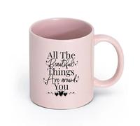 LAYEHDF Ceramics Hot Chocolate Cups Beautiful Things Around You Inspiring Phrase （11oz/320ml） Cappuccino, Latte Macchiato, Tea, Espresso Pink