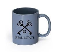 LAYEHDF Ceramics Large Mugs for Hot Drinks Key House Logo Real Estate Agency Office （11oz/320ml） for Milk Tea Cola Water Blue-Gray