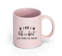 LAYEHDF Ceramics Novelty Tea or Coffee Cup Funny Quote Words Eat More Ice Cream Cafe （11oz/320ml） Gift for Men or Women Pink
