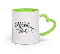 LAYEHDF Ceramics Novelty Tea or Coffee Cup Two Hearts One Love Inscription Romance （11oz/320ml） Great for Home, Office, Cafes, Gift Ideas Green