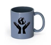 LAYEHDF Ceramics Porcelain Cup Natural Hands Holding a Globe People Protect Earth （11oz/320ml） Ceramic Coffee Mugs for Home or Work Blue-Gray