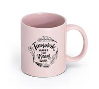 LAYEHDF Ceramics Porcelain Cups Teamwork Makes The Dream Work Lettering Motivation （11oz/320ml） for Hot Beverages, Latte, Cappuccino Pink
