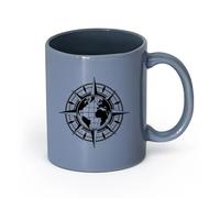 LAYEHDF Ceramics Porcelain Latte Tea Cup Map of World Compass Travel Globe Earth （11oz/320ml） Great for Home, Office, Cafes, Gift Ideas Blue-Gray