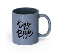 LAYEHDF Ceramics Stylish Tea and Coffee Cups Dare to Begin Letter Motivation Words （11oz/320ml） for Tea Coffee Milk Cappuccino Blue-Gray