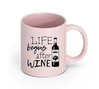 LAYEHDF Ceramics Stylish Tea and Coffee Cups Letter Kitchen Life Begins After Wine （11oz/320ml） Unique Office Gift for Women & Men Pink