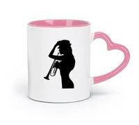 LAYEHDF Ceramics White Ceramic Coffee Mugs Woman Silhouette Saxophone Music Jazz （11oz/320ml） Cappuccino, Latte Macchiato, Tea, Espresso Pink