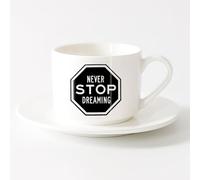 LAYEHDF Coffee Cups with Handle Never Stop Dreaming Quote Phrase Sign （6oz/175ml） Ceramic Coffee Mug for Cappuccino Tea, Milk,，Sets Tea Cup with Saucers (White)