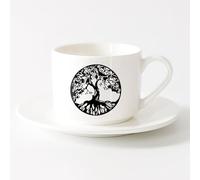 LAYEHDF Coffee Milk Tea Ceramic Mugs Celtic Ornament Tree Symbol Circle （6oz/175ml） Dishwasher Microwave Safe,for Office and Home ，Sets Tea Cup with Saucers (White)