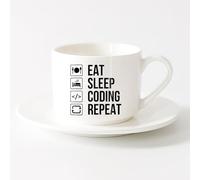 LAYEHDF Coffee Milk Tea Ceramic Mugs Eat Sleep Coding Repeat Teen Play Room （6oz/175ml） and Mulled Drinks, Espresso，Sets Tea Cup with Saucers (White)