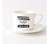 LAYEHDF Coffee Milk Tea Ceramic Mugs Quote Teamwork Makes The Dream Works （6oz/175ml） Great Gift for Lovers ，Sets Tea Cup with Saucers (White)