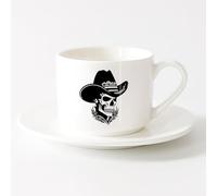 LAYEHDF Coffee Milk Tea Ceramic Mugs Western Movie Skull Cowboy Hat Wild West （6oz/175ml） Great Gift for Lovers ，Sets Tea Cup with Saucers (White)