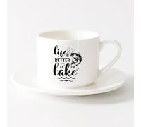 LAYEHDF Coffee Mug, Life is Better At The Lake Fisher Phrase Words （6oz/175ml） Coffee, Tea, Latte, Milk, Cocoa, Juice and Other Hot Drinks，Sets Tea Cup with Saucers (White)