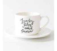 LAYEHDF Coffee Mug, Quote Poster Laundry Today or Tomorrow Office （6oz/175ml） Coffee, Tea, Latte, Milk, Cocoa, Juice and Other Hot Drinks，Sets Tea Cup with Saucers (White)