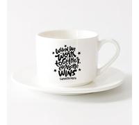 LAYEHDF Cups with Comfortable Handle Hand Drawn Lettering Quote Work Together （6oz/175ml） Ceramic Coffee Mugs for Home or Work，Sets Tea Cup with Saucers (White)