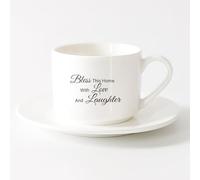 LAYEHDF Cups with Comfortable Handle Love Bless Home Laughter Inspiring Quote （6oz/175ml） for Coffee Oatmeal Tea Easy to Clean，Sets Tea Cup with Saucers (White)