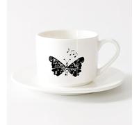LAYEHDF Cups with Comfortable Handle Musical Notes Signs Butterfly Wings Song （6oz/175ml） for Milk Tea Cola Water，Sets Tea Cup with Saucers (White)