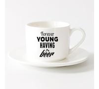 LAYEHDF Cups with Comfortable Handle Quote Words Forever Young Having A Beer （6oz/175ml） for Espresso, Tea- Set，Sets Tea Cup with Saucers (White)