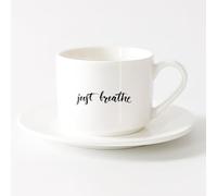 LAYEHDF Home and Office Mugs Just Breath Words Motivation Phrase （6oz/175ml） Humorous Gift for Coffee Lovers, Work Besties, Coworkers & Friends，Sets Tea Cup with Saucers (White)