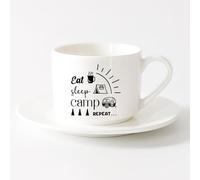 LAYEHDF Hot Chocolate Cups Eat Sleep Camp Repeat Camping Summer Wild Life （6oz/175ml） for Tea Coffee Milk Cappuccino，Sets Tea Cup with Saucers (White)