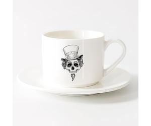 LAYEHDF Hot Chocolate Cups Head Bull Vintage with Crown Logo Steak Butcher （6oz/175ml） for Hot Beverages, Latte, Cappuccino，Sets Tea Cup with Saucers (White)